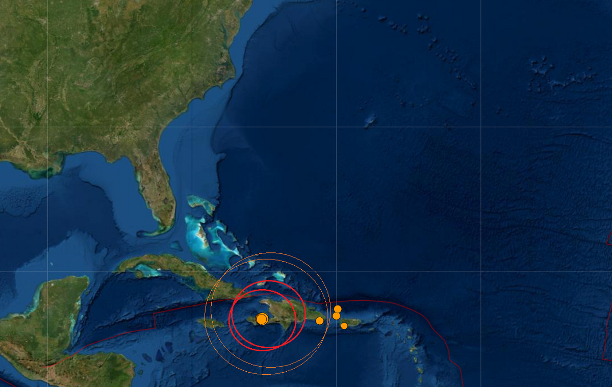 A pair of strong earthquakes rocked western Haiti today, claiming at least one life. Image: USGS