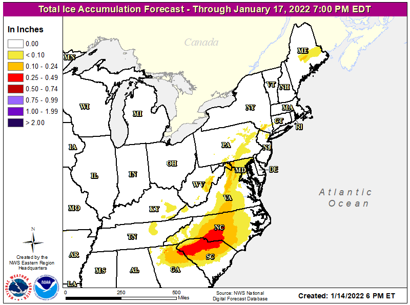 Significant ice accumulations are possible from this winter storm in portions of the East. Image: NWS