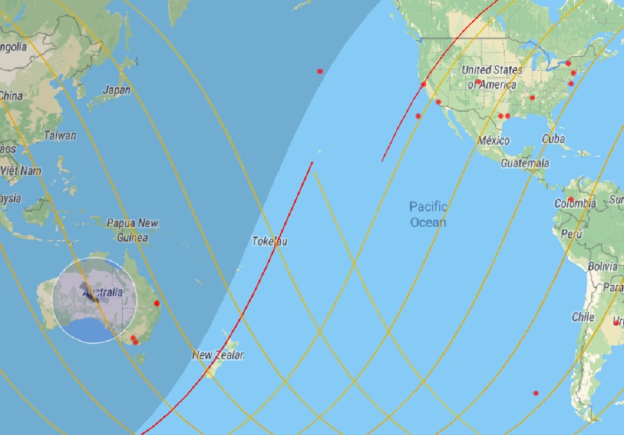 Последний прогноз, опубликованный на SATFLARE, показывает возможные орбитальные полеты в США и других странах мира;  Ракета упадет и ударится в любую точку рядом с этими линиями.  На данный момент наибольшее влияние оказывает Австралия, но ситуация может кардинально измениться.  Изображение: satflare.com