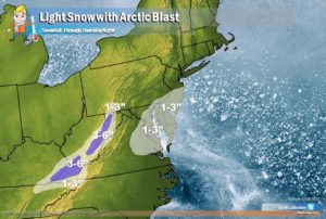 Light snow, mainly 1-3", is expected on Thursday across portions of southern New Jersey, southeastern Pennsvylania, eastern Maryland, northeastern and western Virginia, Delaware, eastern West Virginia and Kentucky, and northeastern Tennessee. Image: Weatherboy