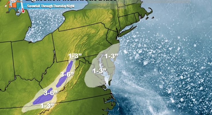 Light snow, mainly 1-3", is expected on Thursday across portions of southern New Jersey, southeastern Pennsvylania, eastern Maryland, northeastern and western Virginia, Delaware, eastern West Virginia and Kentucky, and northeastern Tennessee. Image: Weatherboy