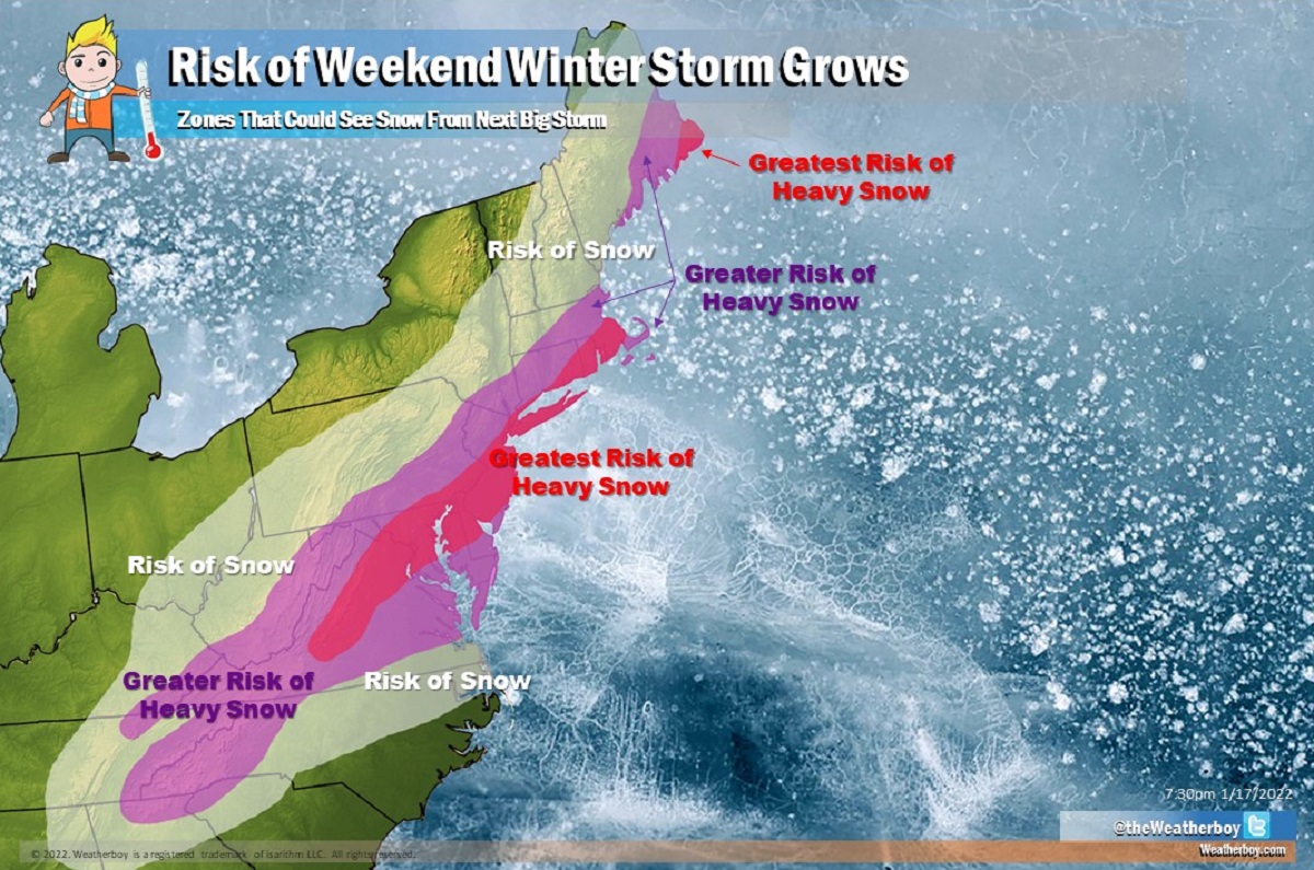 While not yet definitive, there is a growing chance for significant, accumulating snow in portions of the eastern United States this weekend. For now, it appears the greatest risk of heavy snow is more south than the storm that moved through the region over the last 36 hours. Image: Weatherboy