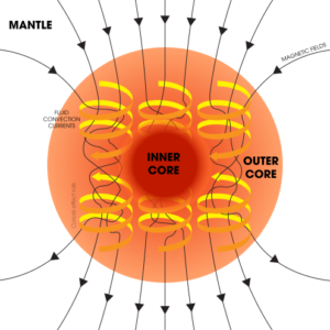 Illustration of the dynamo mechanism that creates Earth's magnetic field: convection currents of fluid metal in Earth's outer core, driven by heat flow from the inner core, organized into rolls by the Coriolis force, create circulating electric currents, which generate the magnetic field. Credit: Andrew Z. Colvin, CC BY-SA / NASA
