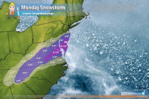 Six inches or more of snow could fall by Monday night from a winter storm moving through the Mid Atlantic. Image: Weatherboy