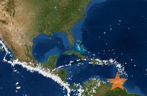 The magnitude 4.8 earthquake struck in the Caribbean at 10:59pm local time tonight. Image: USGS