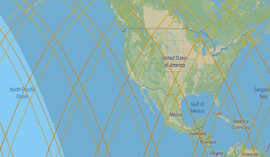 The rocket, or what's left of it, could crash somewhere on Earth under one of these lines. For now, 13 possible paths track over the United States including over/near Alaska and Hawaii. Image: satflare.com