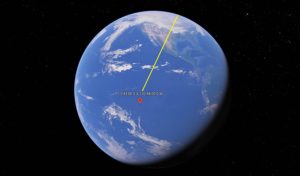 An out-of-control Russian rocket, the Persei, crashed into the Pacific Ocean only minutes before it could have crashed into land over North America. Image: Google Earth