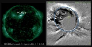 The Space Weather Prediction Center shared these images of an M-class solar flare and a coronal mass ejection leaping from the sun. Image: SWPC