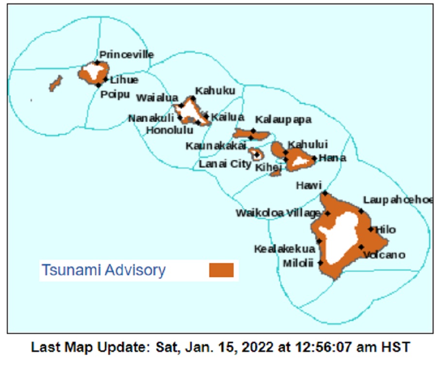 A Tsunami Advisory is now in effect throughout all coastal areas of Hawaii. Image: NWS