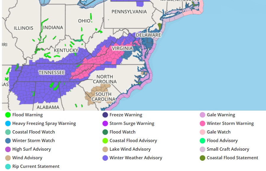 Winter Storm Warnings and Watches have been issued for Monday's winter storm.  Image: weatherboy.com