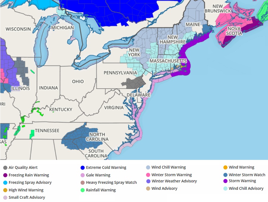 The National Weather Service has issued watches and advisories ahead of likely frigid conditions expected tomorrow night into Saturday across portions of the Northeast. Image: weatherboy.com