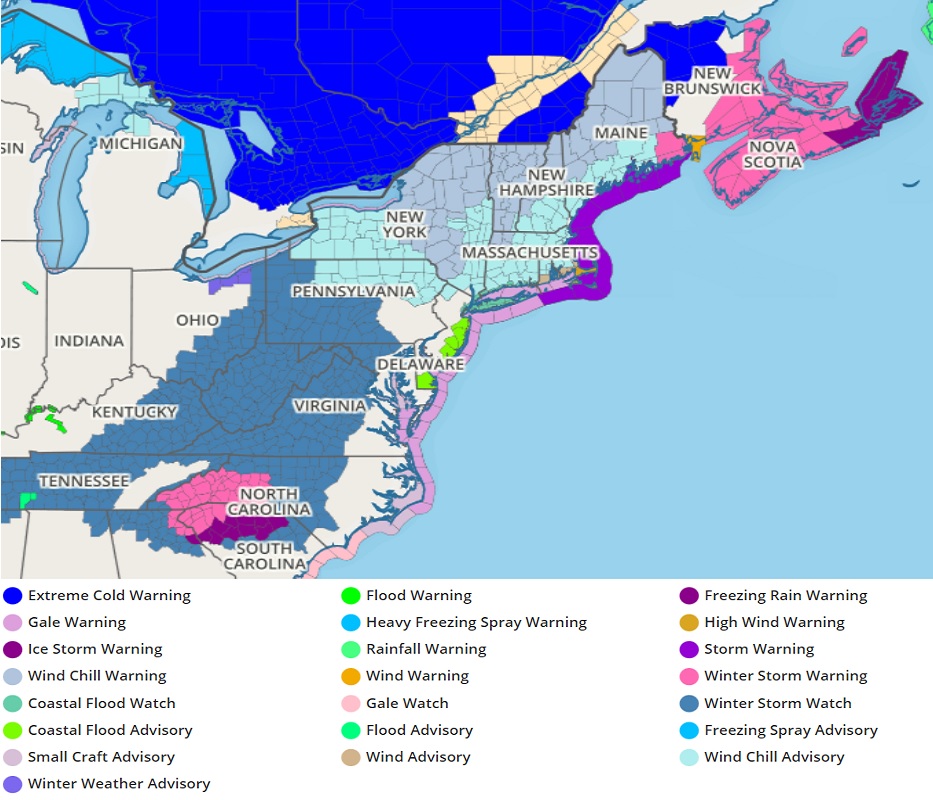 The National Weather Service continues to issue watches, warnings, and advisories for the major winter storm impacting the eastern U.S.. Image: weatherboy.com