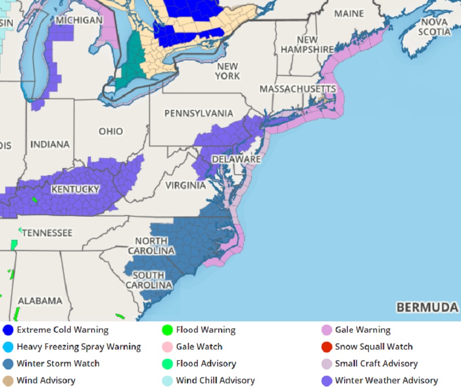 Winter Weather Advisories have been issued in the purple area while Winter Storm Watches are now up in the blue area in the Mid Atlantic.  Image: weatherboy.com