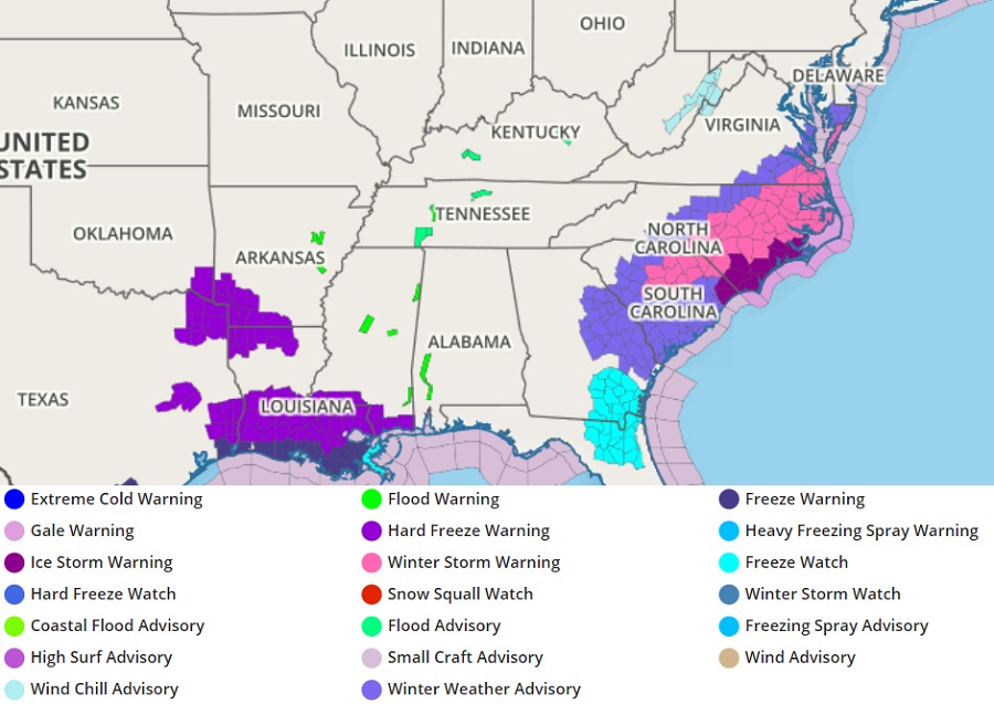 A large area of the eastern U.S. is now under a Winter Storm Warning in pink. Ice Storm Warnings are also up for portions of the Gulf Coast and southeastern U.S.  Image: weatherboy.com