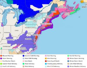 Blizzard Warnings have been extended by the National Weather Service from Virginia to Maine. Winter Storm Warnings are also in effect just inland, where heavy snow is likely to fall but with winds just below blizzard criteria. Image: weatherboy.com