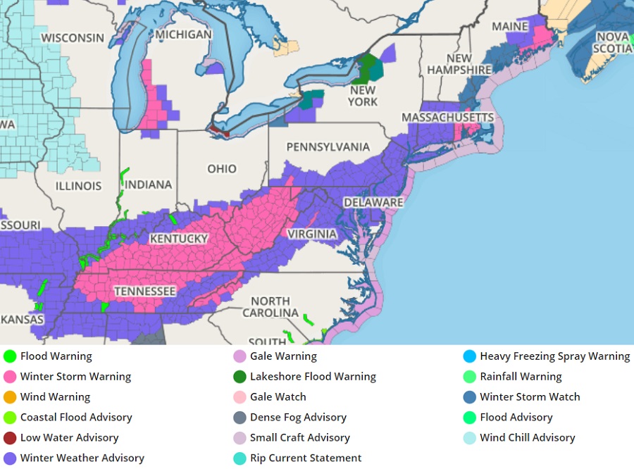 The National Weather Service has numerous advisories issued due to the winter storm. Image: weatherboy.com