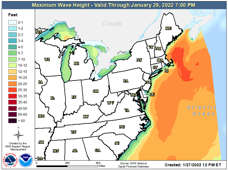 Wave action from the storm will be quite high, especially off the New England Coast. Image: NWS
