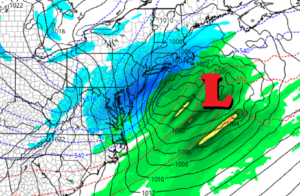The American GFS computer forecast model depicts a surface low east of the Jersey Shore on Friday morning, blanketing an area stretching from Virginia to Maine with plowable snow. Image: tropicaltidbits.com