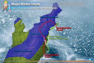 The upcoming winter storm could bring heavy snow to areas shaded in blue, damaging winds within the area captured by the red line, and storm surge and/or coastal flooding concerns along the green line at the coast. Image: Weatherboy