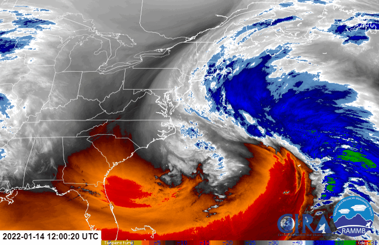 GOES-East Weather Satellite loop shows intensifying blizzard off the U.S. east coast; this storm system will dump heavy snow over eastern Canada while creating dangerously cold wind chill factors tonight into tomorrow over the northeast. Image: NOAA