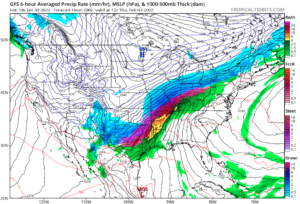 The American GFS depicts a robust winter storm taking shape over the middle of the country this week; with time, this will bring heavy snow from the Plains to the Northeast once again. Image: tropicaltidbits.com