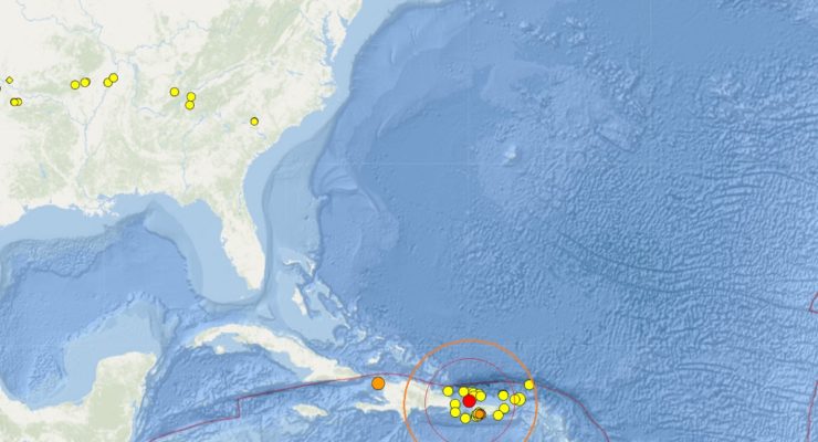 A moderate quake struck near Puerto Rico moments ago, prompting officials at the National Weather Service Tsunami Warning Center to issue a bulletin. Image: USGS