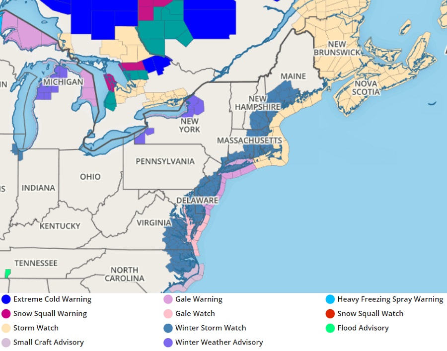 The latest advisory map shows the National Weather Service expanding Winter Storm Watches. Many of these will be upgraded to Winter Storm or Blizzard Warnings for the Blizzard Bomb. Image: weatherboy.com