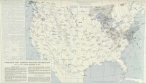 The 1947 weather map for the day from the U.S. Weather Bureau shows a coastal storm coming up the east coast, dumping record-breaking heavy snow on New Jersey. Image: NWS