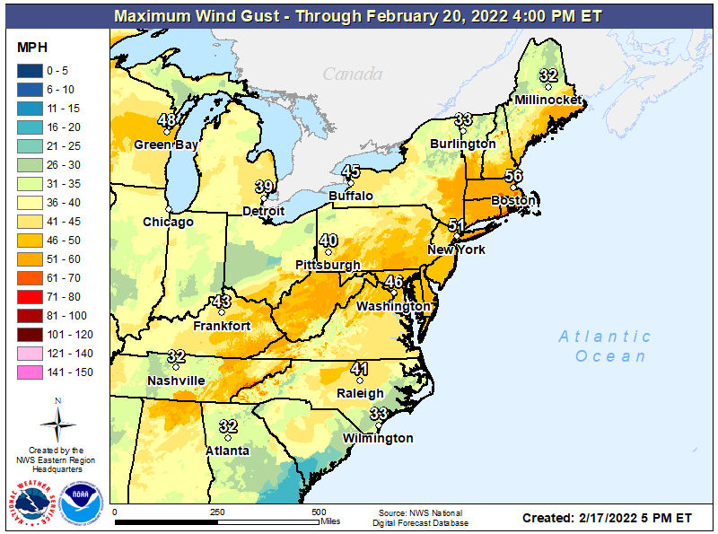 Winds will be strong throughout much of the eastern U.S. tonight into tomorrow morning. Image: NWS
