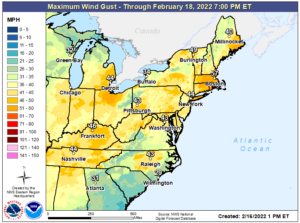 Damaging wind gusts are possible in the eastern U.S., especially along the southeastern coast of New England where hurricane-force wind gusts are possible. Image NWS