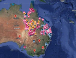 The Warning Map across eastern Australia shows the continent covered in Flood Warnings and other related emergency situations from the Rain Bomb event. Image: Queensland Government