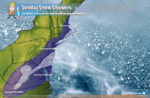 There will be a chance of passing snow showers and flurries in portions of the Mid Atlantic and Northeast on Sunday. While a coating or dusting is possible, up to an inch or two may fall over far southeastern New England, southern New Jersey, Delaware, and portions of Virginia. An isolated 3-4" can't be ruled out in the higher terrain of western Virginia. Image: Weatherboy