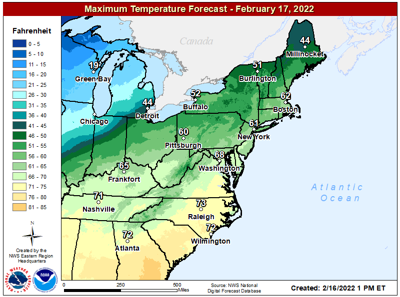 Milder air will surge up the east coast ahead of the frontal passage tomorrow. Image: NWS