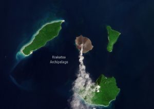 An eruption has occured at the Krakatoa Volcano in Indonesia, as this satellite view from the European Space Agency's Sentinenl-3 Earth Observing Satellite photographed. Image: ESA