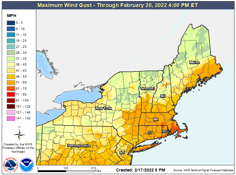 Winds will be strongest in southeastern New England late tonight. Image: NWS