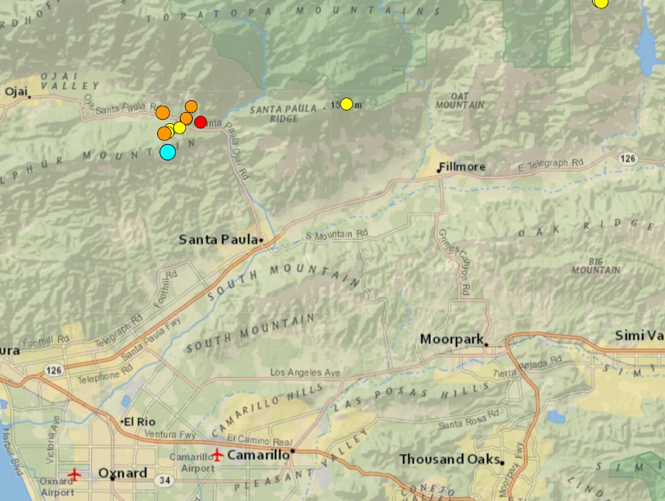 These dots reflect the epicenter of each of the earthquakes that struck in the area over the last 7 days, with today's latest earthquake the strongest of the bunch. Image: USGS