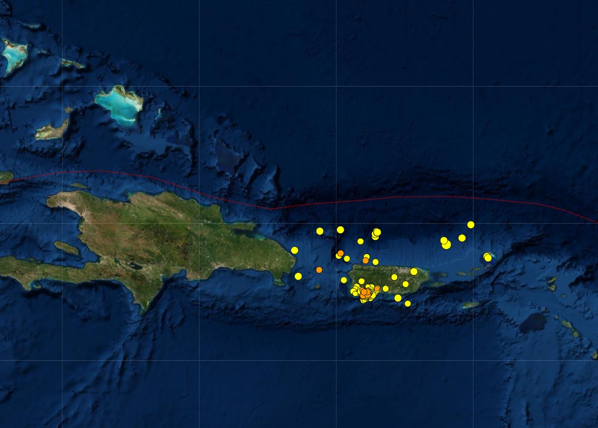 Each dot reflects the epicenter of each earthquake reported in and around Puerto Rico in recent days; the orange dots reflect the more recent quakes. Image: USGS
