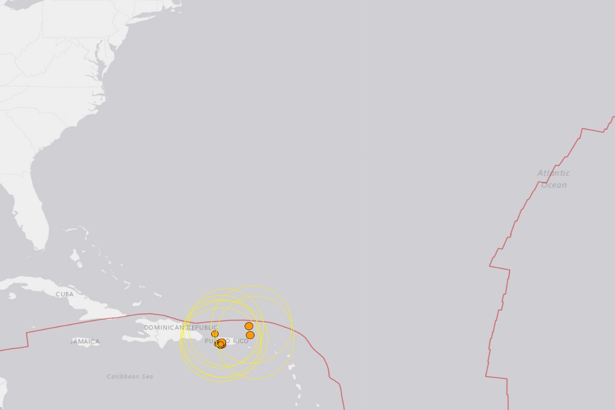 Puerto Rico continues to experience numerous earthquakes. The orange dots reflect the epicenter of every measured earthquake in the last 24 hours. The red line indicates a tectonic boundary.  Image:  USGS