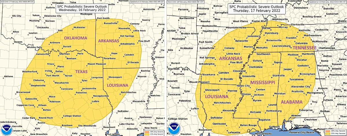 Severe weather is possible Wednesday and Thursday, left and right, this week, as the Convective Outlook from the Storm Prediction Center shows. Image: NWS