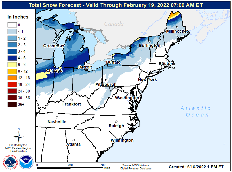 Snowfall will be limited to far northern Maine, western Upstate New York, and portions of Michigan, Indiana, and Illinois. Image: NWS