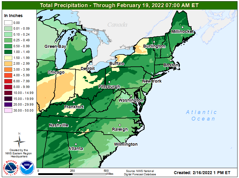 This will be a wet system, with mainly rain falling across the Northeast, Mid Atlantic, and Southeast. Image: NWS