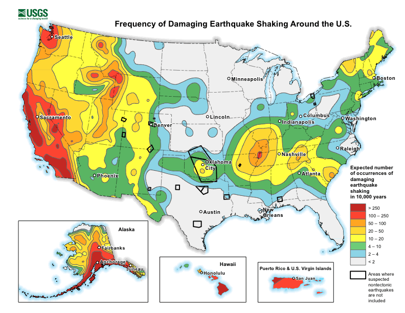 While the U.S. West Coast is best known for their earthquakes, there is considerable earthquake risk elsewhere in the country. Image: USGS