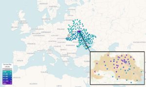 Current map shows radiation monitoring stations in eastern Europe, with high ratings being observed around the Chernobyl Nuclear Power Plant disaster site which was attacked by Russian forces on Thursday. Image: SaveEcoBot