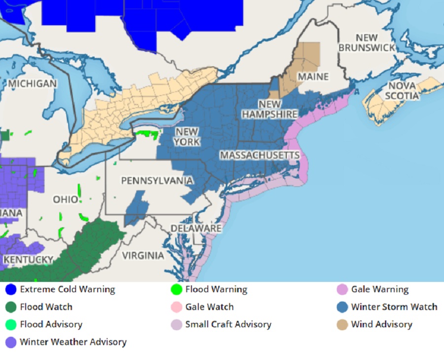 Winter Storm Watches are up across portions of Pennsylvania and New Jersey north through much of New York state, Connecticut, Rhode Island, Massachusetts, Vermont, New Hampshire, and southeastern Maine. Image: weatherboy.com