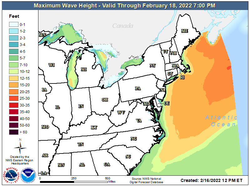 High waves are likely in off-shore waters over the next few days; some rough surf will make its way to the New England coast later tomorrow into Friday. Image: NWS