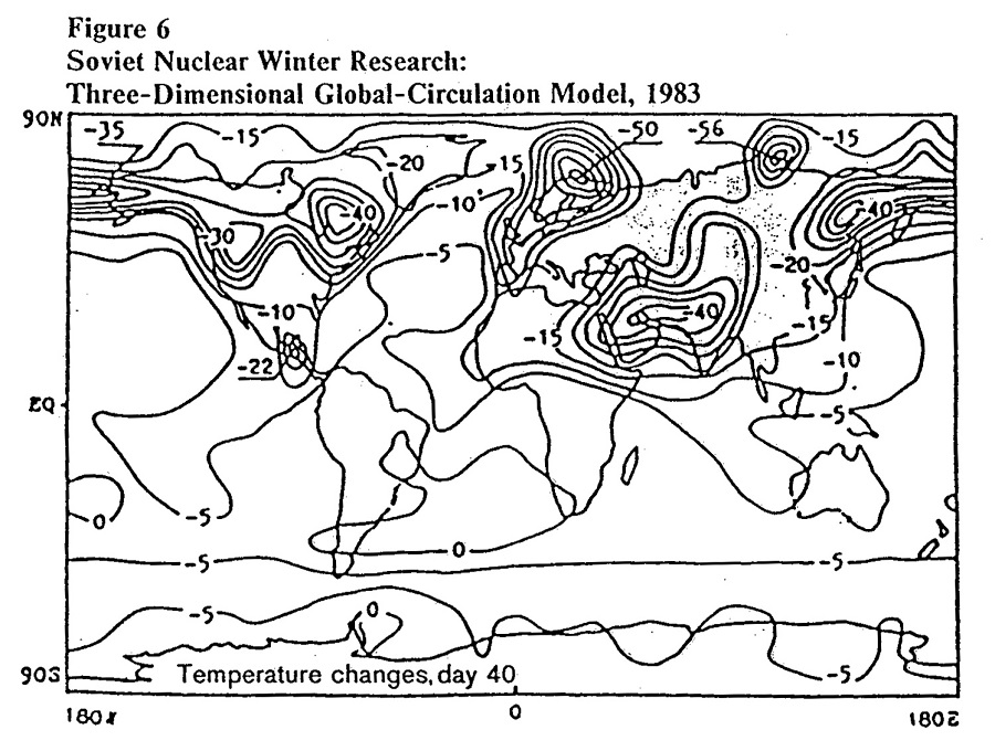 A diagram obtained by the CIA from the former Soviet Union shows the Soviet Union's nuclear winter forecasts in the event of a global nuclear war. It shows that within 40 days, temperatures would plunge up to 20-40 degrees Celsius. Image: CIA
