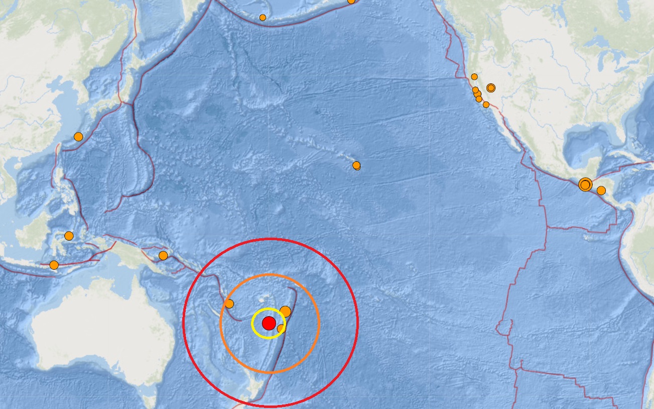 The strong 6.9 magnitude earthquake struck near 23.8 South, 179,7 West, south of the Fiji Islands.  Image: USGS
