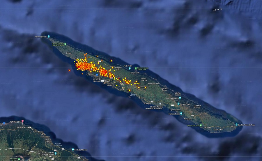 Today's latest earthquake map shows the earthquake swam continuing on Sao Jorge, with today's (March 28, 2022) earthquakes centered on the northwest side of the island. Each dot reflects the epicenter of an earthquake, with the orange and red dots reflecting the most recent. Image: CIVISA