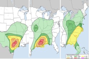 Severe weather is likely across portions of the southern states today and tomorrow and the eastern states by Wednesday. Image: NWS SPC