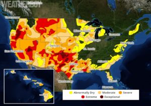 The latest Drought Monitor map shows conditions generally getting worse across a large part of the continental United States and Hawaii. Image: weatherboy.com